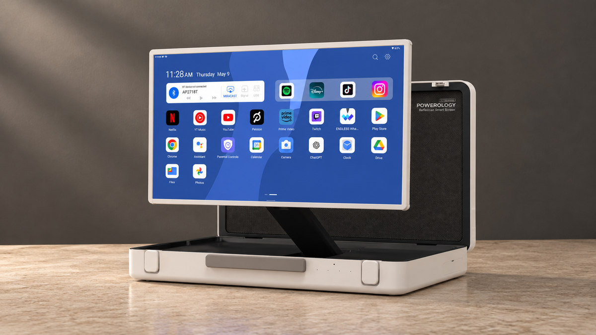 GREY Studio editorial | Powerology 27" Android Briefcase Display - White | PUHD27WH