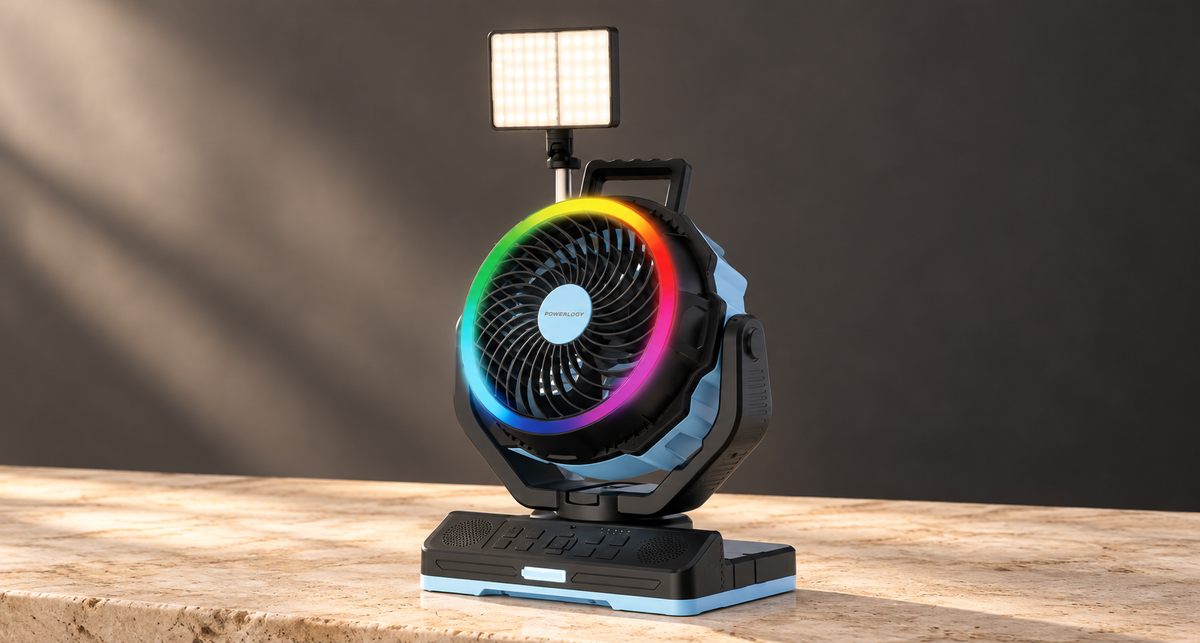 GREY Studio editorial | Powerology VentoPower Outdoor 40K Oscillating Fan - Blue/Black | PWMDF92BLBK