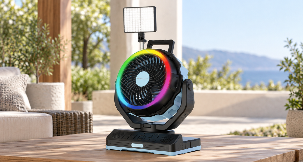 GREY Studio lifestyle | Powerology VentoPower Outdoor 40K Oscillating Fan - Blue/Black | PWMDF92BLBK