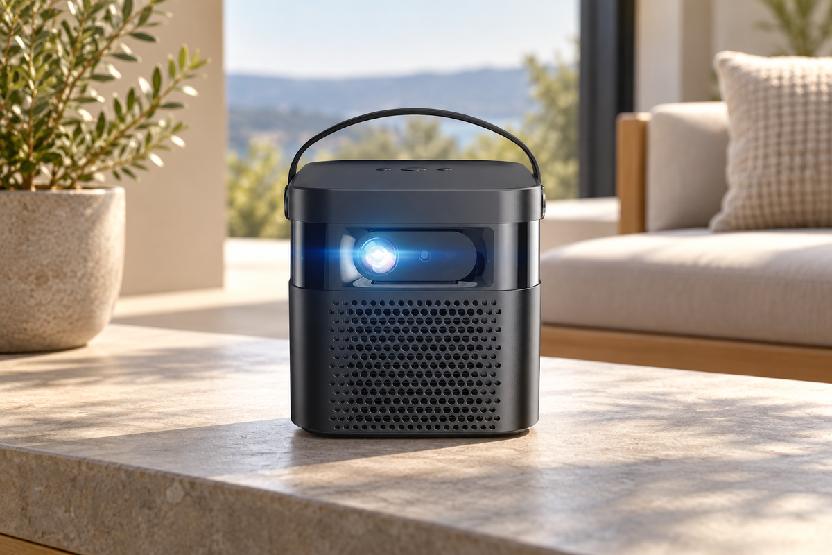 GREY Studio lifestyle | Powerology 4K Portable Projector Built-in 15600mAh Lithium Battery | PWPROJ70-BK